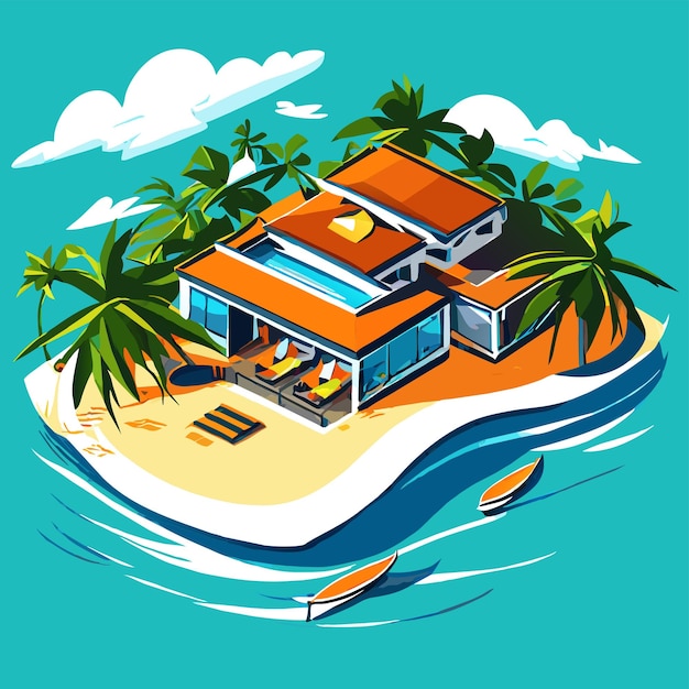 Vibrant Tropical Beach House with Palm Trees and Waves | Jiffy Designs