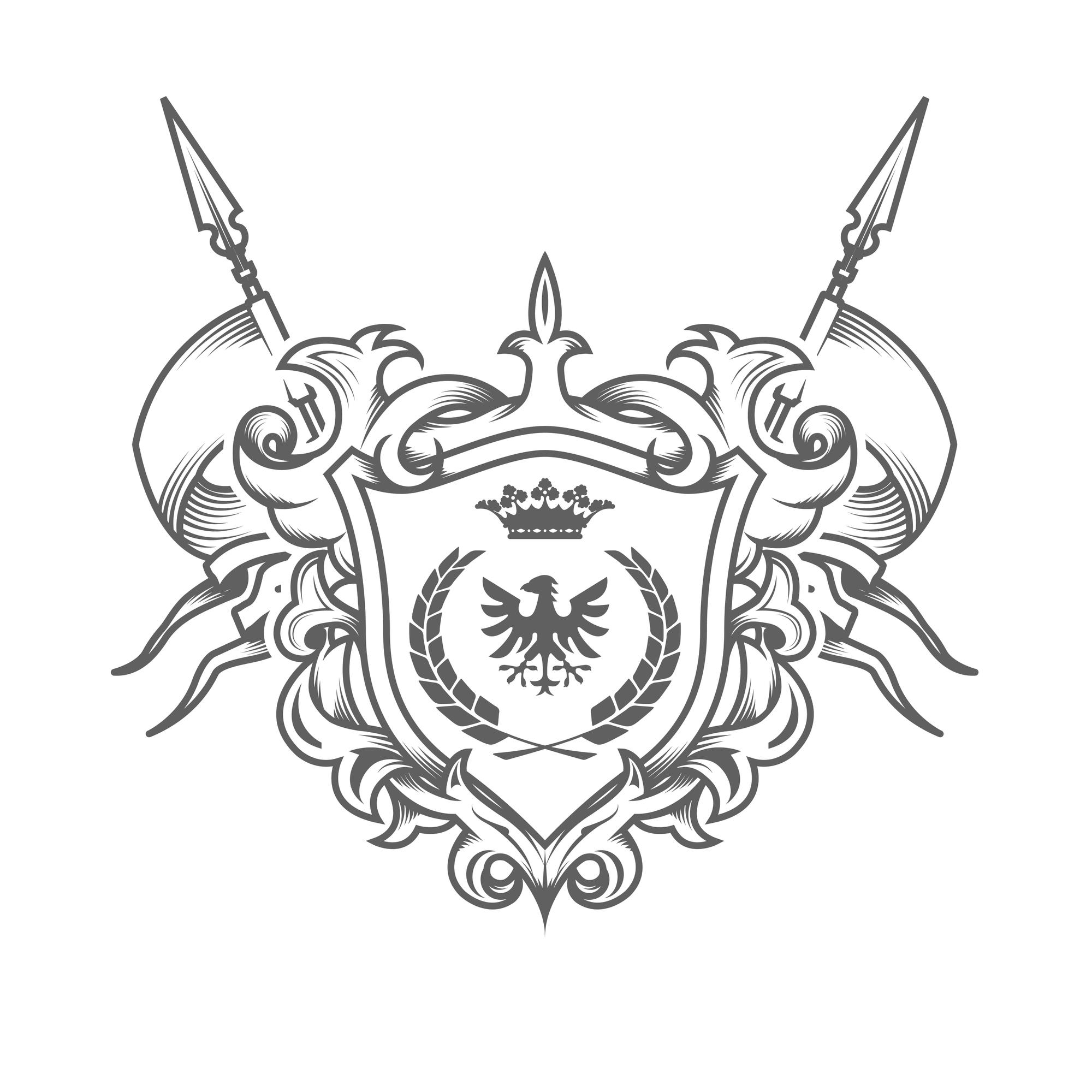 Majestic Heraldic Emblem with Ornate Flourishes and Crown | Jiffy Designs