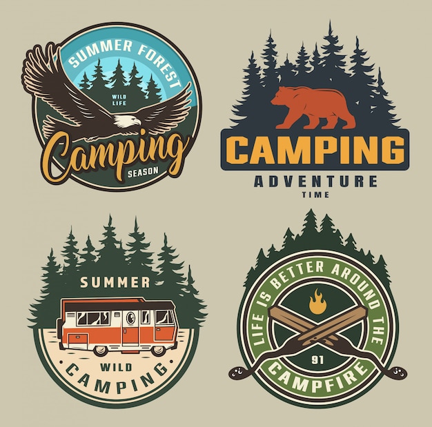 Vibrant Camping Emblems with Rustic Wilderness Scenes and Silhouettes ...