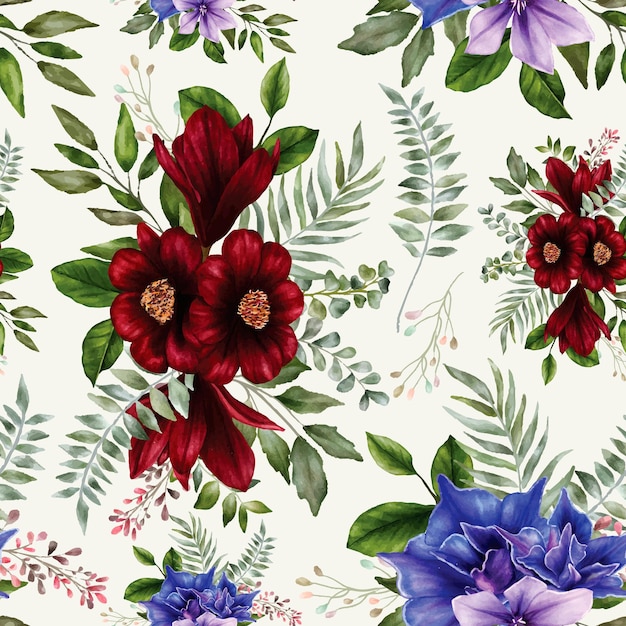 Vibrant Floral Pattern with Red, Purple and Green Foliage | Jiffy Designs