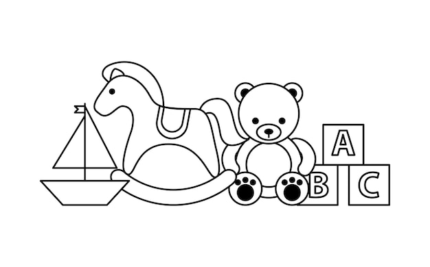 Outline Illustration of Toy Rocking Horse, Teddy Bear, and Blocks ...