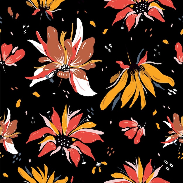 Vibrant Floral Pattern with Bold Blooms on Black Background | Jiffy Designs