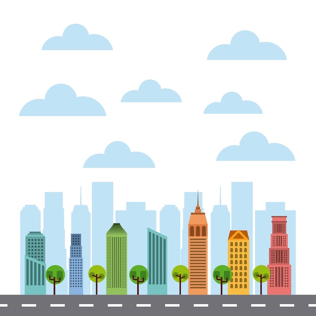 Colorful City Skyline with Clouds and Trees Illustration | Jiffy Designs
