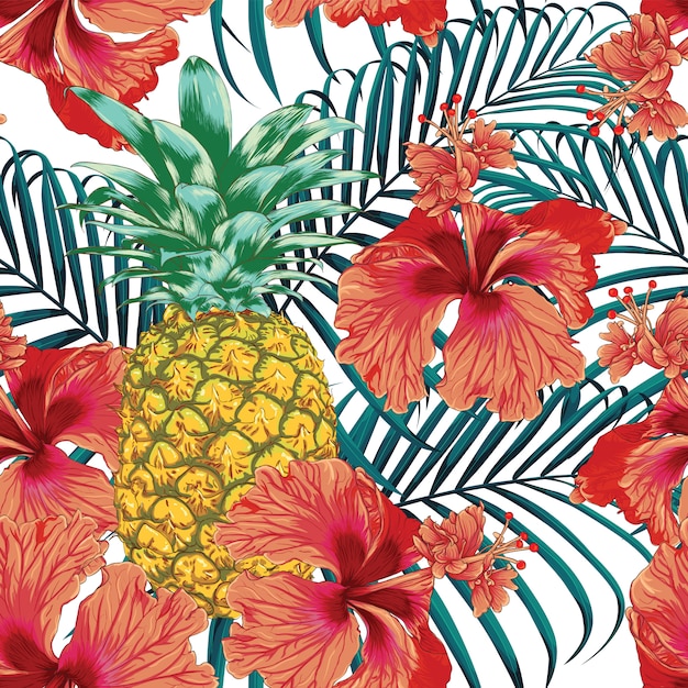 Vibrant Tropical Floral Pattern with Pineapple and Hibiscus Blooms ...