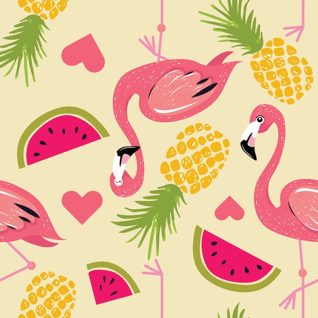 Tropical Flamingos and Fruity Pattern on Beige Background | Jiffy Designs