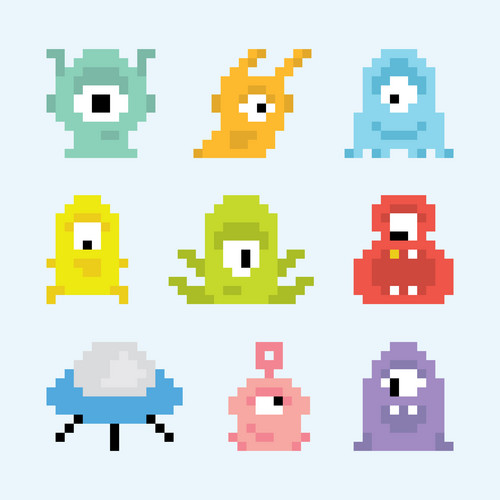 Pixel Art Style Aliens Isolated Vector Set | Jiffy Designs