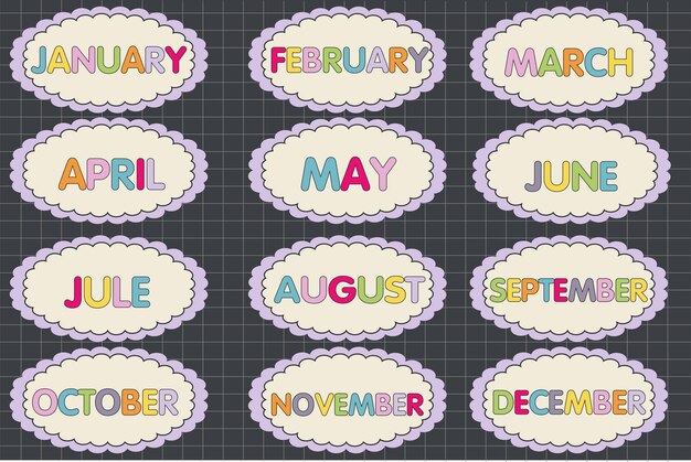 Vibrant Oval Frames with Colorful Month Names on Chalkboard Background ...
