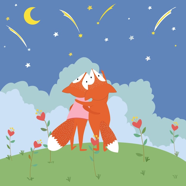 Whimsical Illustration of Embracing Foxes Under Starry Night Sky ...