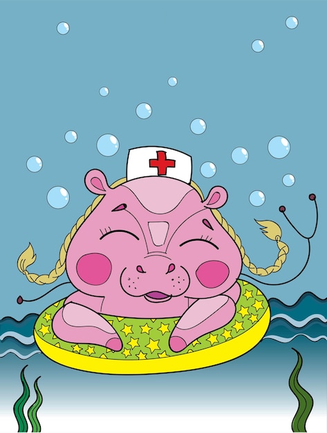 Cheerful Hippo Nurse Floating in Bubbles by the Sea | Jiffy Designs