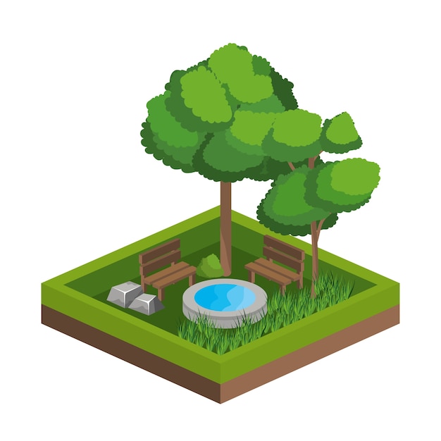 Tranquil Isometric Park Scene with Trees and Fountain | Jiffy Designs