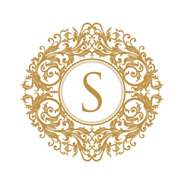 Elegant Golden Monogram Ornate Floral Frame with Letter S | Jiffy Designs