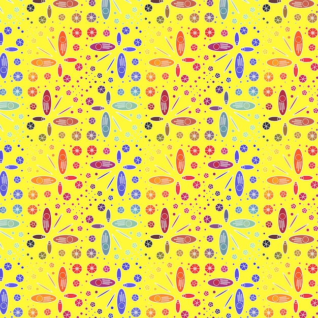Vibrant Yellow Pattern with Colorful Geometric Shapes and Fruits ...