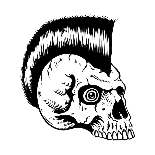 Punk Rock Skull with Mohawk Hairstyle and Spiraling Eye | Jiffy Designs