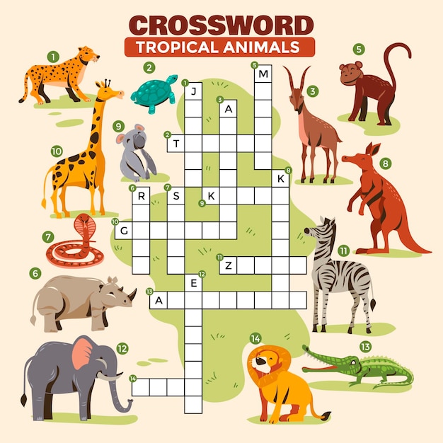 Crossword Puzzle Featuring Vibrant Tropical Animal Illustrations