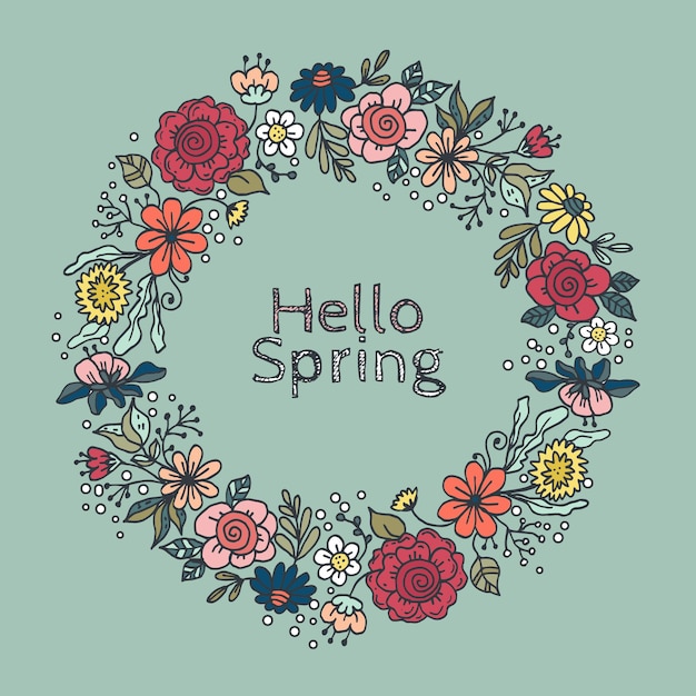 Vibrant Floral Wreath with 'Hello Spring' Text Illustration | Jiffy Designs