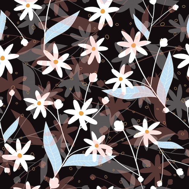 Stylized Floral Pattern with White Daisies and Leaves | Jiffy Designs