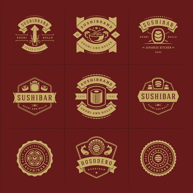 Vintage Sushi Bar Emblem Collection with Vibrant Graphic Elements ...
