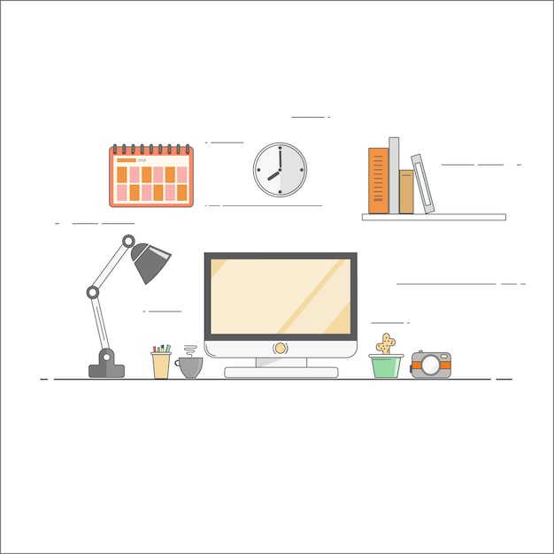 Illustrated Workspace with Desktop Computer and Office Supplies | Jiffy ...