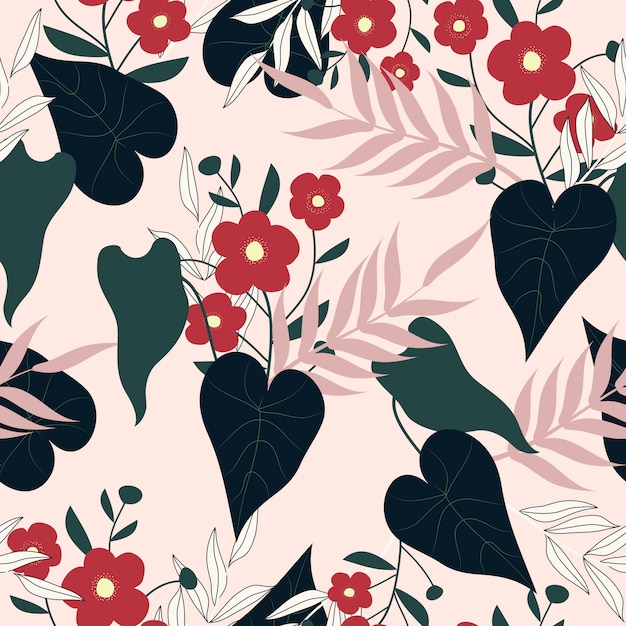 Floral Pattern with Red Blooms and Leafy Branches | Jiffy Designs