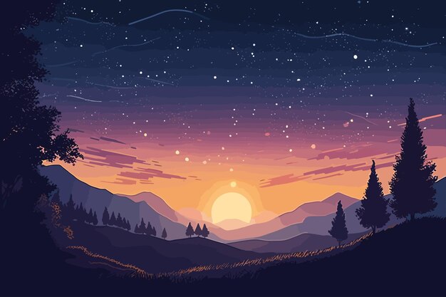 Serene Sunset Landscape with Starry Night Sky | Jiffy Designs