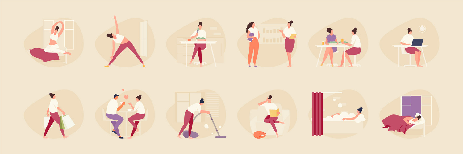 Woman Daily Routine From Morning Till Evening. Modern Lifestyle Vector ...