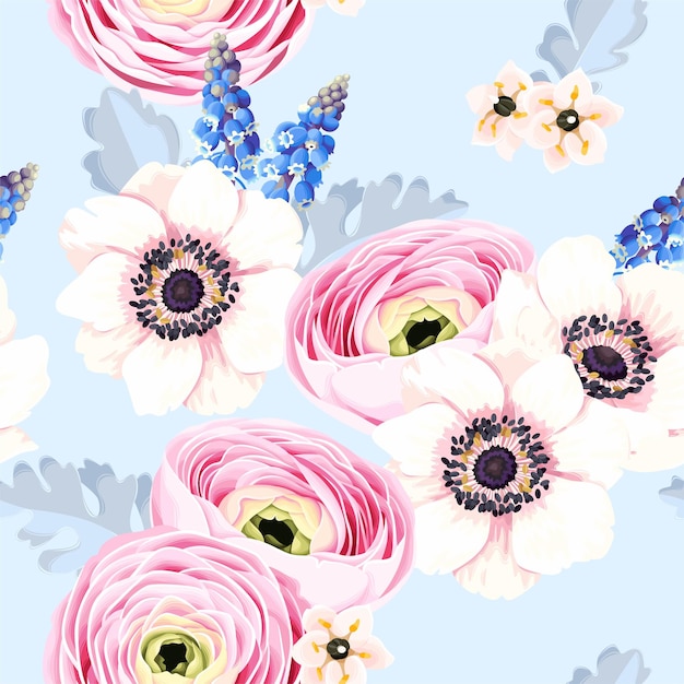Vibrant Watercolor Floral Pattern with Pink Ranunculus and Butterflies ...