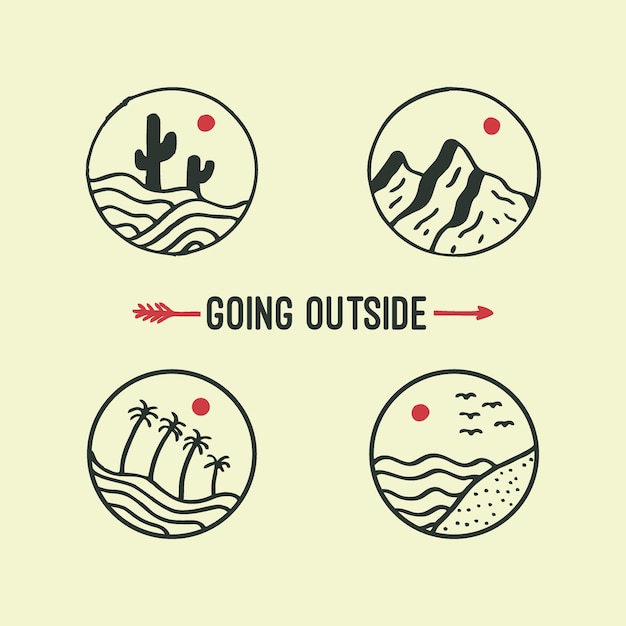 Minimalist Outdoor Adventure Symbols with Cactus, Mountains, and Waves ...