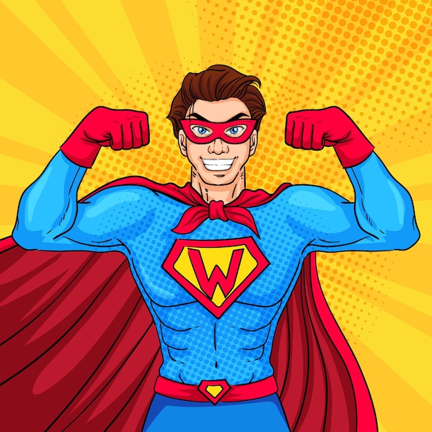 Heroic Superhero in Vibrant Costume Flexing Muscles | Jiffy Designs