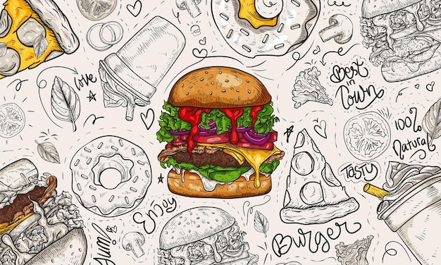 Delectable Doodles: A Mouthwatering Burger Amid Whimsical Sketches ...