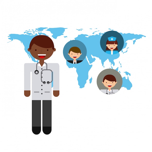 Diverse Medical Professionals on World Map Background Illustration ...