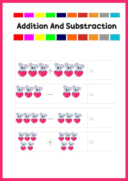 Vibrant Addition and Subtraction Math Worksheet with Hearts | Jiffy Designs
