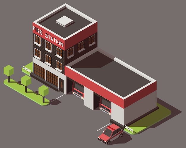 Vibrant Isometric Fire Station with Detailed Architecture | Jiffy Designs