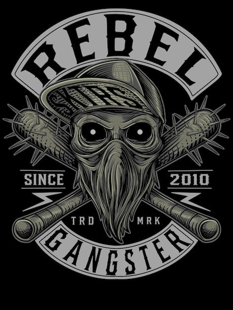 Rebel Gangster Emblem with Bearded Skull and Crossed Bats | Jiffy Designs