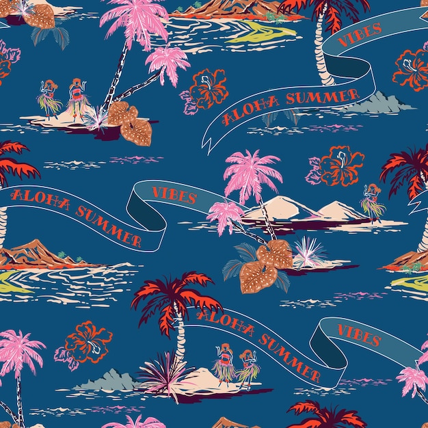 Tropical Summer Beach Scene Pattern with Surfers and Banners | Jiffy ...