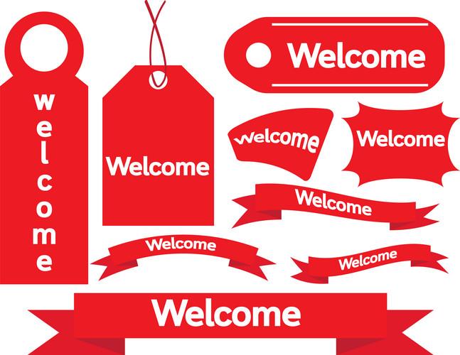 Welcome Collection Set Red Tag Labels Emblems Stick | Jiffy Designs