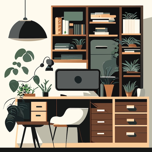 Cozy Home Office with Bookshelves, Plants, and Desk Essentials | Jiffy ...