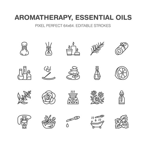 Essential Oils Aromatherapy Vector Flat Line Icons Set. Elements ...