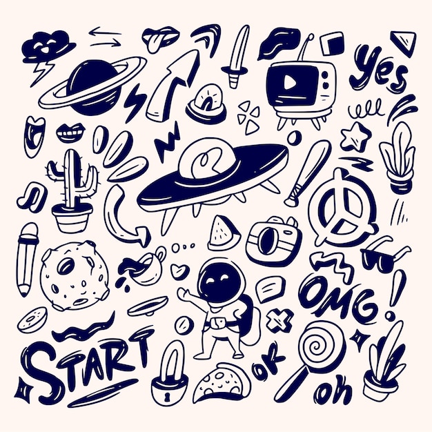 Playful Cosmic Doodle Collection of Whimsical Space-Themed Elements ...