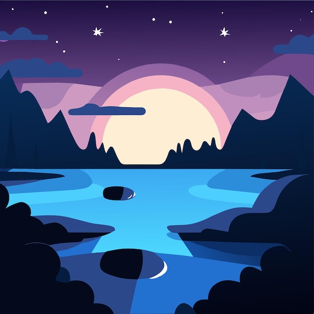Serene Lakeside Landscape Under a Starry Night Sky | Jiffy Designs