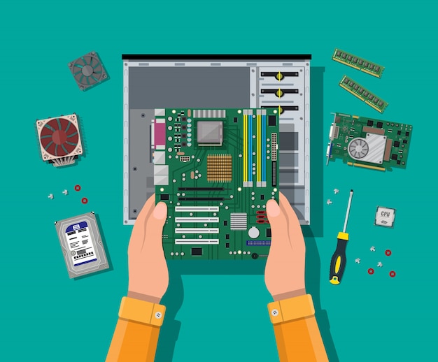 Hands Assembling Computer Motherboard on Teal Background | Jiffy Designs