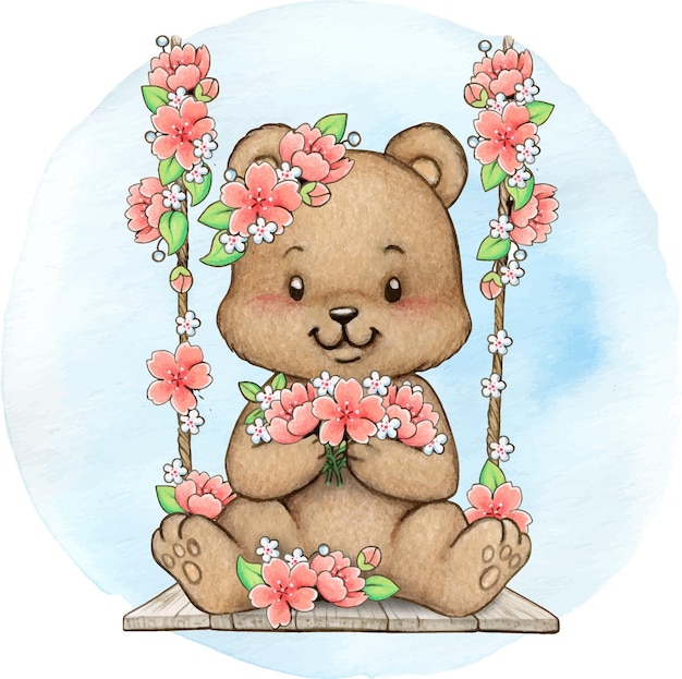 Cute Teddy Bear Surrounded by Blooming Flowers Illustration | Jiffy Designs