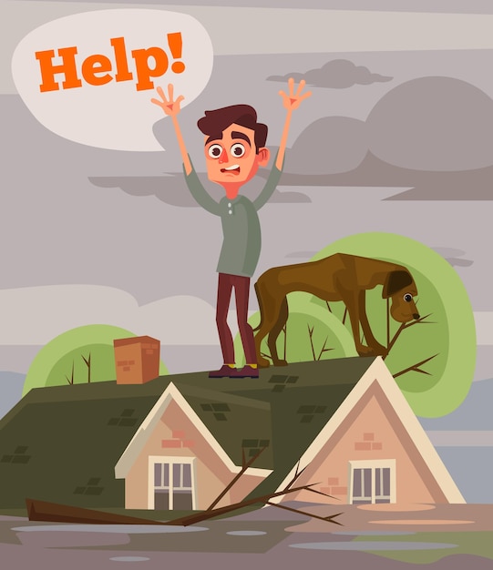 Cartoon Man Seeking Help Amid Disaster Scene | Jiffy Designs