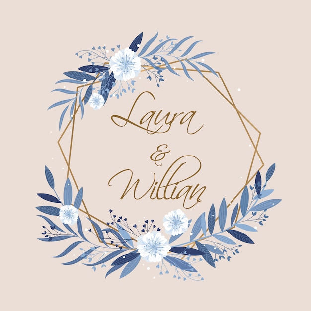 Elegant Blue Floral Wreath with Couple's Names Calligraphy | Jiffy Designs
