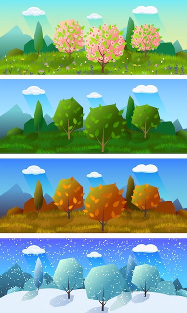 Vibrant Nature Scenes Across Four Seasons Illustration Collection ...