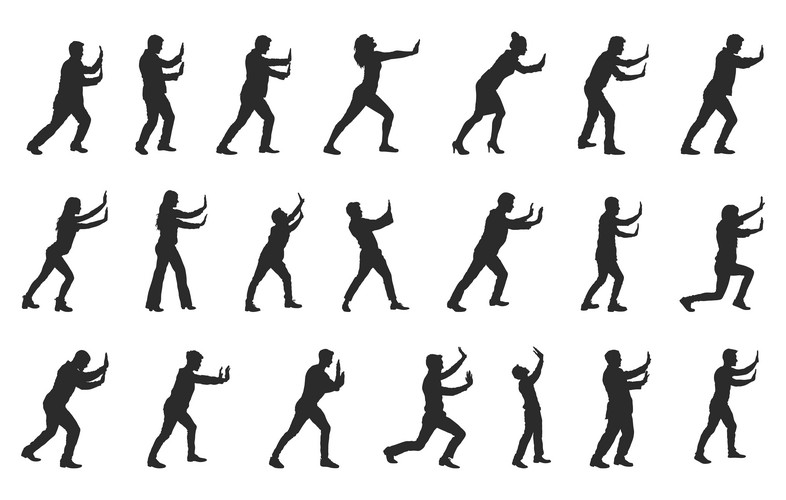 People Pushing Pose Silhouette, Male Pushing Pose Silhouette, Female ...