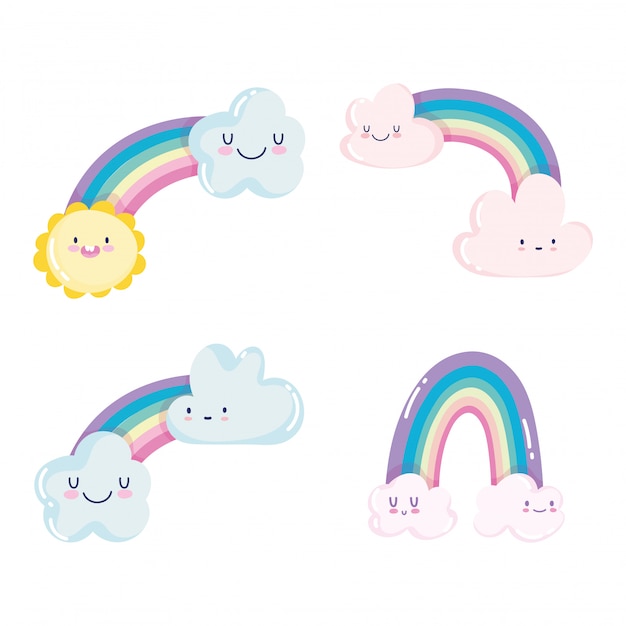 Vibrant Rainbow Clouds and Smiling Celestial Characters Collection ...