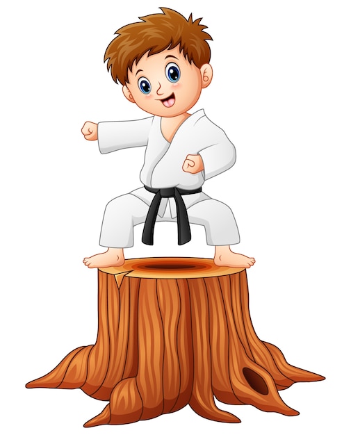 Energetic Boy in Karate Pose on Tree Stump Illustration | Jiffy Designs