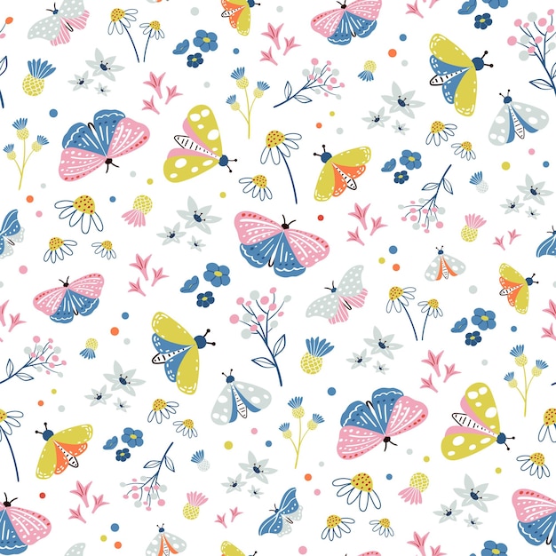 Whimsical Butterfly and Floral Pattern on White Background | Jiffy Designs