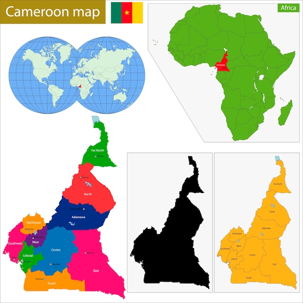 Detailed Cameroon Map with Regions and World Locator Jiffy Designs