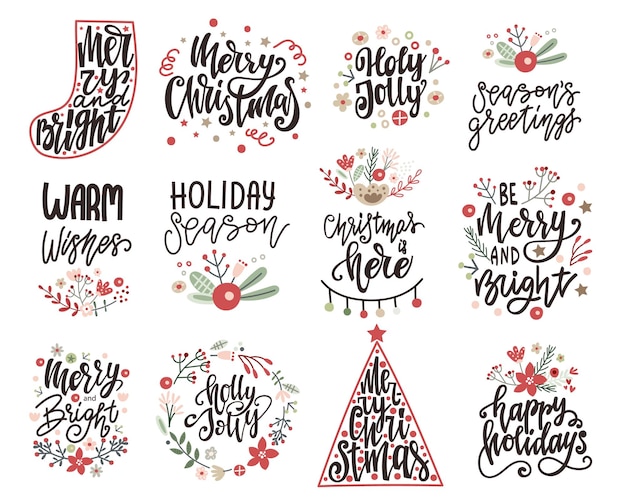 Festive Holiday Lettering and Graphic Collection with Floral Accents ...